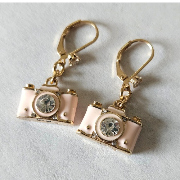 Betsey Johnson Jewelry - Betsey Johnson Pink Enamel Camera Drop Earrings Gold Tone Crystal Accents BJ